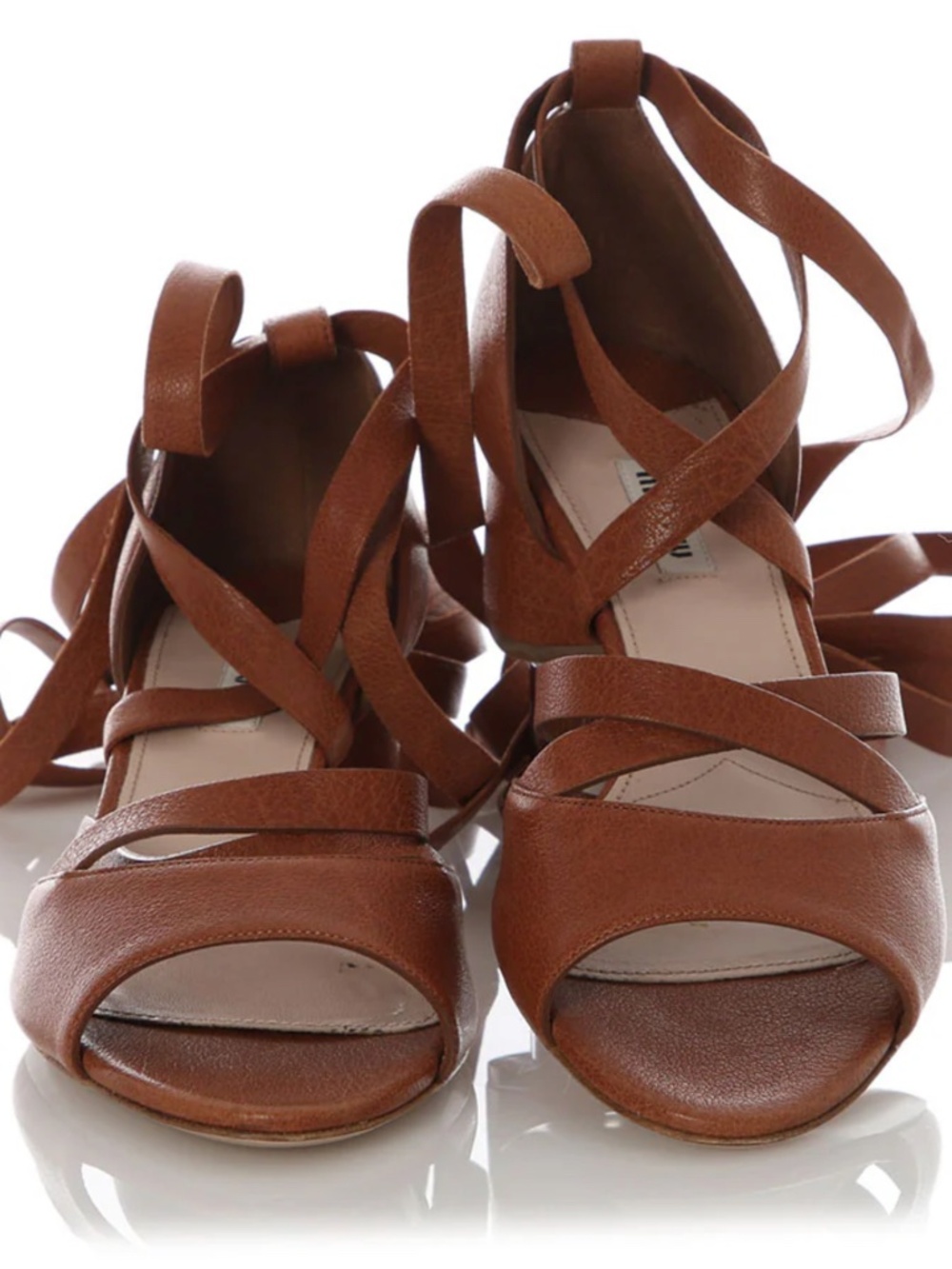 MIU MIU BROWN LEATHER ANKLE WRAP SANDALS